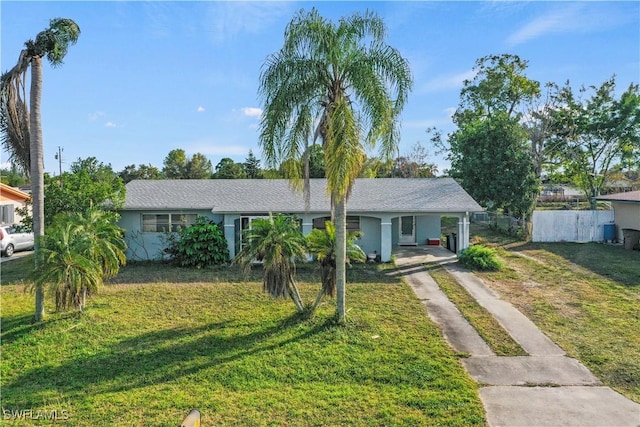 ranch-style home featuring a carport and a front lawn