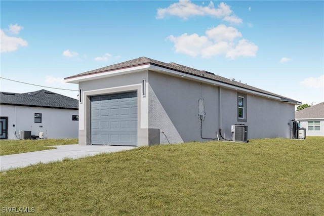 view of property exterior featuring a garage, central air condition unit, and a lawn