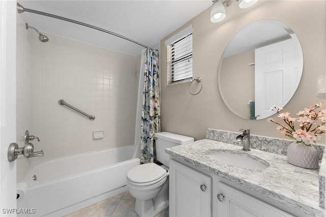 full bathroom featuring tile patterned flooring, vanity, shower / tub combo, and toilet