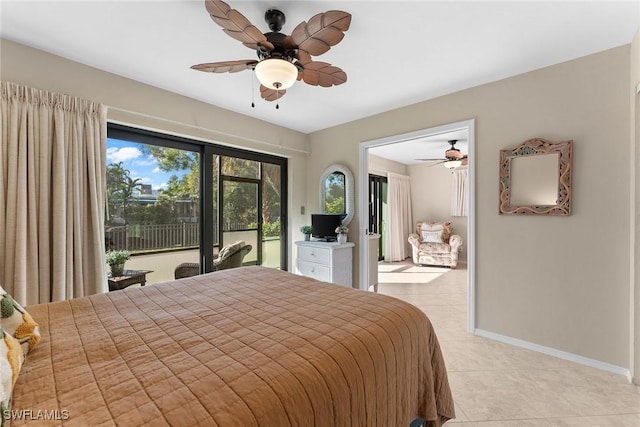 bedroom with light tile patterned flooring, ceiling fan, and access to outside