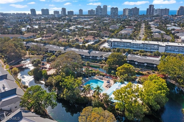 aerial view featuring a water view