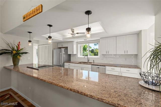 kitchen featuring stainless steel appliances, kitchen peninsula, white cabinets, and a tray ceiling