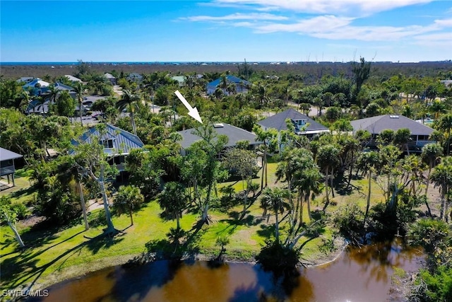 drone / aerial view featuring a water view