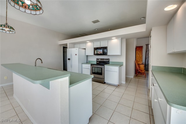 kitchen with stainless steel electric stove, light tile patterned flooring, white cabinets, a center island, and white fridge with ice dispenser