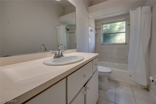 full bathroom featuring tile patterned floors, toilet, shower / tub combo, and vanity