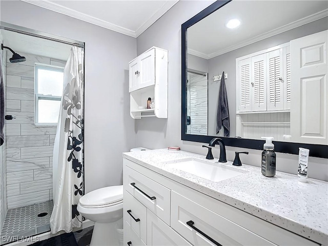 bathroom with crown molding, vanity, toilet, and a shower with shower curtain