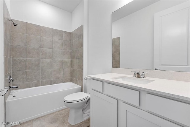 full bathroom with vanity, toilet, tiled shower / bath combo, and tile patterned flooring