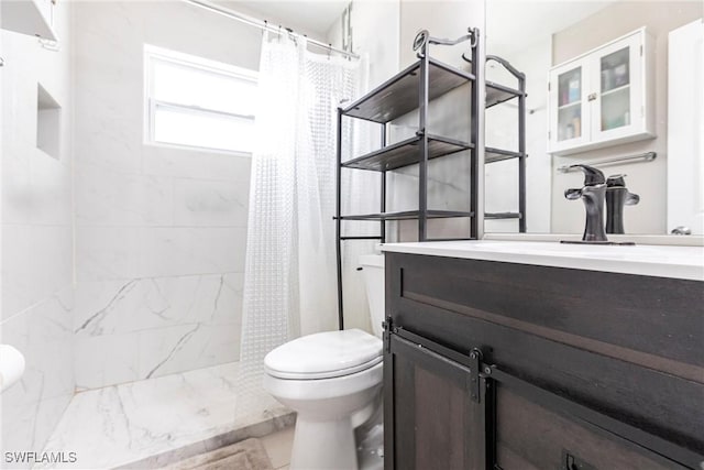 bathroom with walk in shower, vanity, and toilet