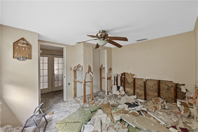 misc room featuring french doors and ceiling fan