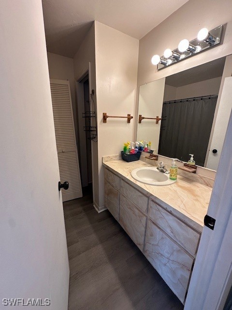 bathroom with hardwood / wood-style flooring and vanity