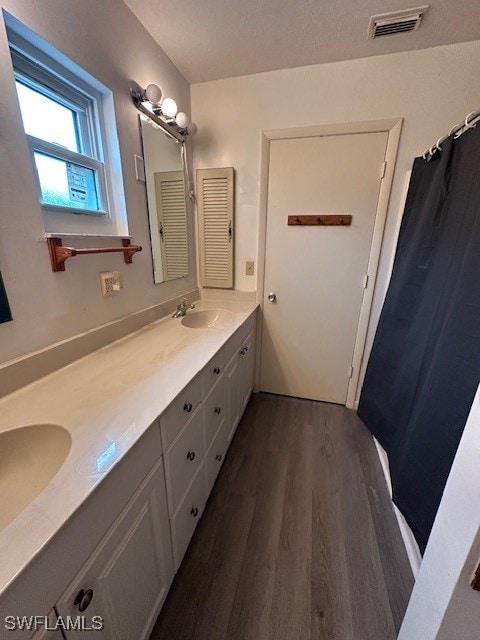 bathroom with vanity and wood-type flooring