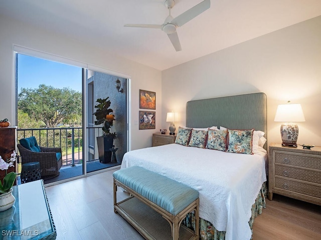 bedroom with ceiling fan, access to exterior, and light hardwood / wood-style floors