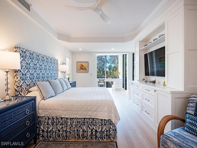 bedroom with crown molding, ceiling fan, light hardwood / wood-style flooring, and access to outside