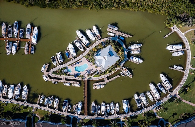 drone / aerial view featuring a water view