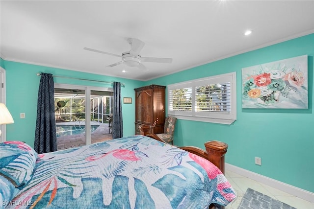 bedroom featuring light tile patterned flooring, ornamental molding, access to outside, and ceiling fan