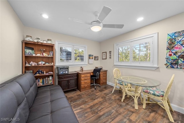 office featuring ceiling fan, plenty of natural light, and dark hardwood / wood-style floors