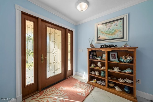 entrance foyer featuring light tile patterned flooring, a wealth of natural light, and crown molding