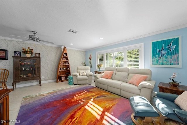 living room with light tile patterned floors, ornamental molding, and ceiling fan