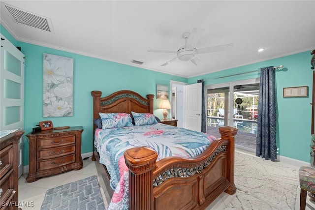 bedroom featuring crown molding, access to outside, ceiling fan, and light tile patterned flooring