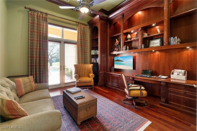 office space featuring ceiling fan and dark hardwood / wood-style flooring