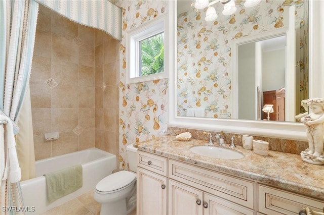 bathroom featuring toilet, shower / tub combo, vanity, and wallpapered walls