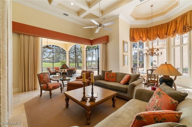 sunroom / solarium with beamed ceiling, coffered ceiling, and ceiling fan with notable chandelier