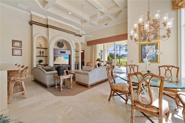 dining area featuring coffered ceiling, ornamental molding, built in features, beam ceiling, and a high ceiling