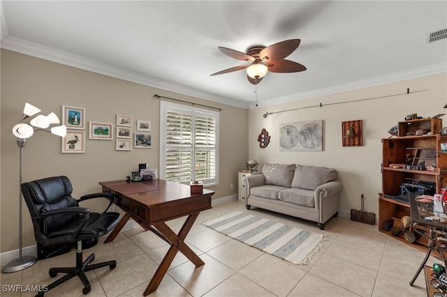 office area with crown molding, ceiling fan, and light tile patterned floors