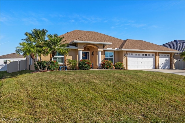 ranch-style home with a garage and a front yard