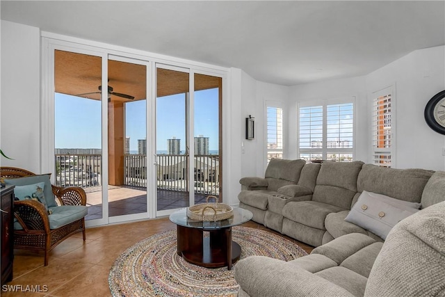 tiled living room with expansive windows