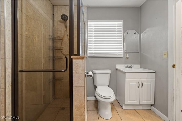 bathroom featuring vanity, tile patterned floors, toilet, and walk in shower