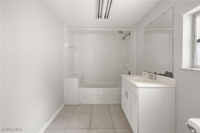 full bathroom featuring tiled shower / bath, toilet, tile patterned floors, and vanity