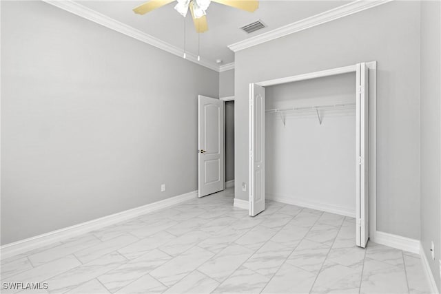 unfurnished bedroom featuring ornamental molding, a closet, and ceiling fan