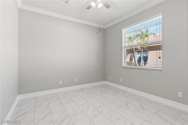 empty room with crown molding and ceiling fan