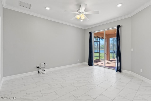 unfurnished room featuring crown molding and ceiling fan