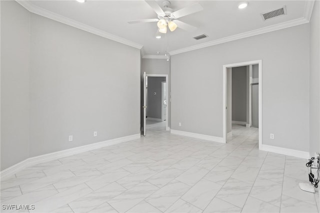 empty room featuring crown molding and ceiling fan