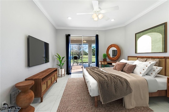 bedroom with ceiling fan, ornamental molding, and access to exterior