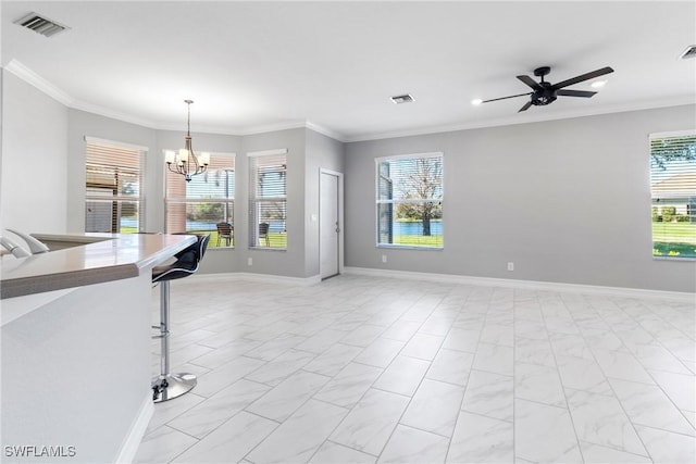 living room with ornamental molding and ceiling fan with notable chandelier