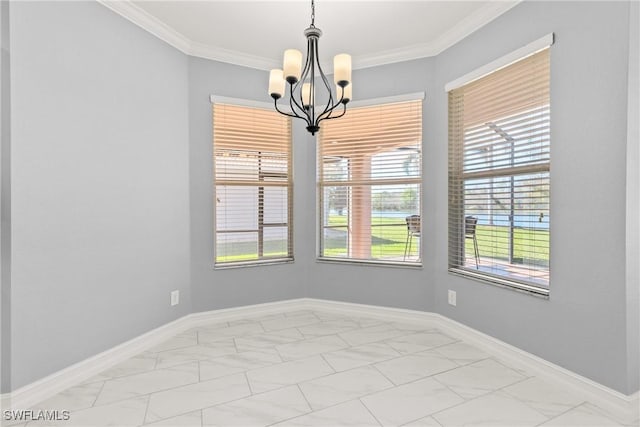 unfurnished room with crown molding and an inviting chandelier