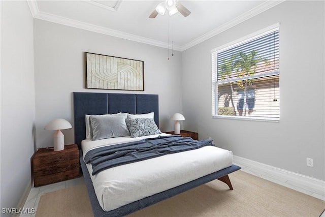 bedroom featuring crown molding and ceiling fan