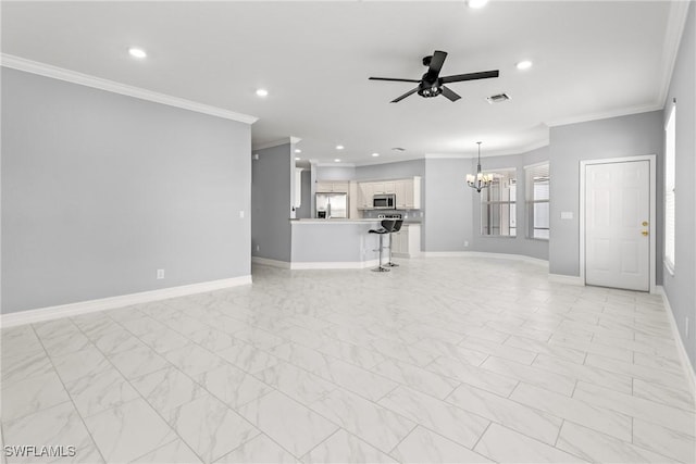 unfurnished living room featuring ornamental molding and ceiling fan with notable chandelier