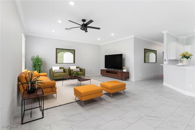 living room featuring crown molding and ceiling fan