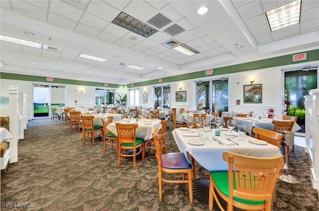 dining space with a paneled ceiling, a healthy amount of sunlight, and carpet flooring