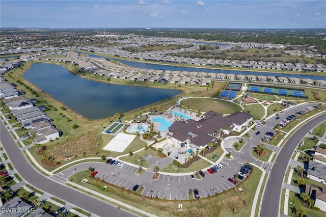 drone / aerial view with a water view