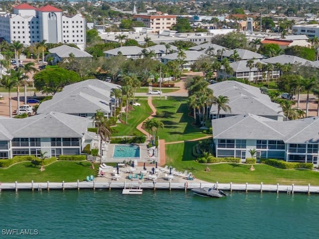 drone / aerial view featuring a water view