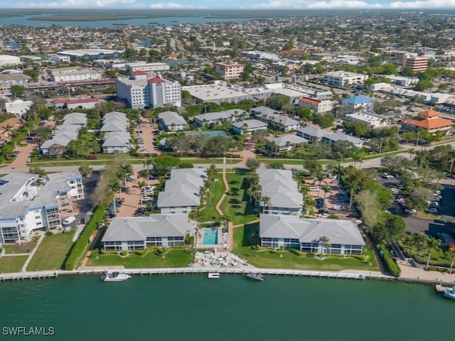 drone / aerial view featuring a water view