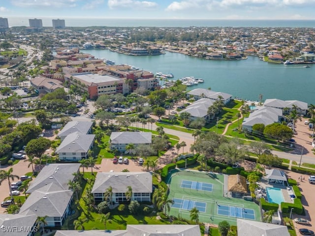 aerial view featuring a water view