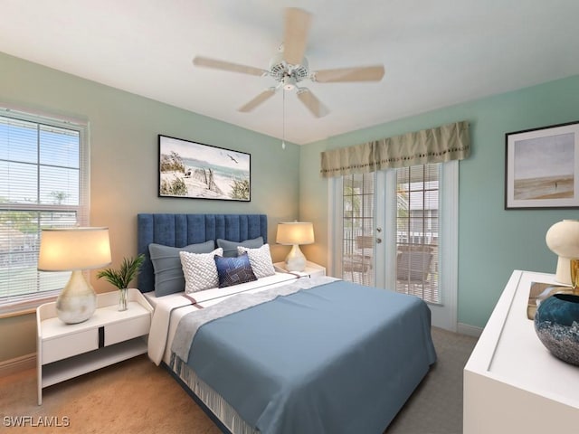 bedroom featuring multiple windows, carpet flooring, access to exterior, and ceiling fan