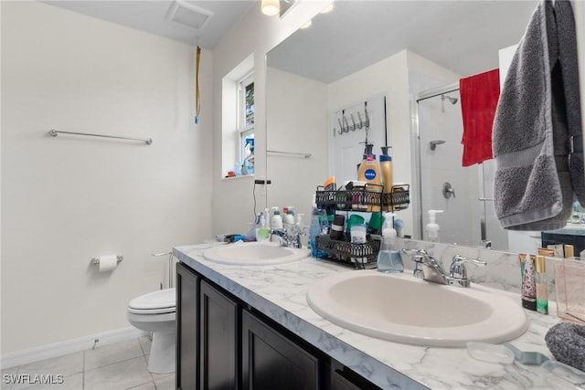 bathroom with vanity, tile patterned floors, toilet, and walk in shower