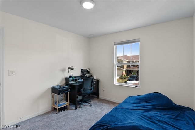 bedroom featuring light colored carpet